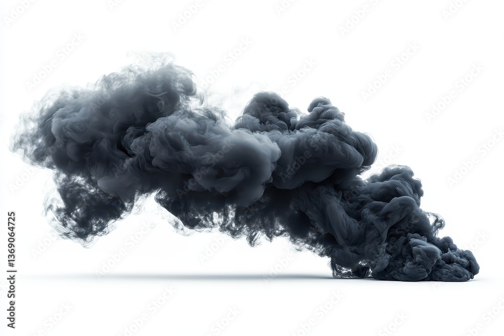 Poster dark smoke billows upward against a white backdrop, creating a dramatic and intense visual effect su