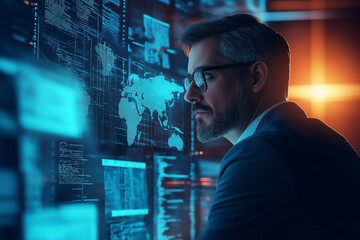 Close-up shot of a man, appearing to be in his thirties or forties, with a beard and glasses, intently focused on a large screen displaying complex data visualizations. The man is dressed in a dark