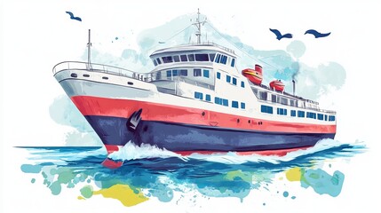 Naklejka premium A hand-drawn doodle art vector illustration of a ferry ship, featuring sketch-style details and a playful design.