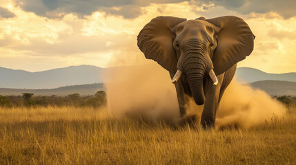 Obraz premium A full shot captures an African elephant in motion, charging forward through tall, golden-hued savanna grass. The elephant is sharply in focus, its large ears spread, and tusks prominently