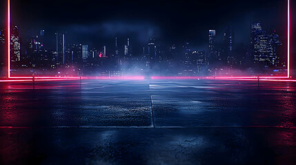 Cityscape At Night With Neon Light Frame And Foggy Atmosphere