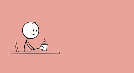 Stick figure enjoying a hot beverage with a content expression on a simple background
