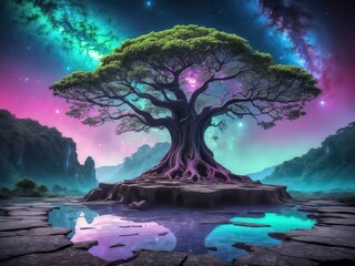 Cosmic tree of life with reflections in a surreal dreamscape. 