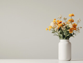 Bright Yellow and White Flowers in Minimalist White Vase on Neutral Background