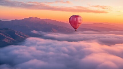 sunrise over a mountain range, with a hot air balloon carrying passengers high above a hazy cloud blanket