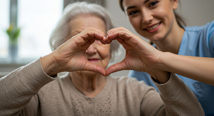 A heartwarming moment of intergenerational love, an elderly woman and her caregiver forming a heart with their hands, conveying affection and care, softly lit with a gentle background blur.