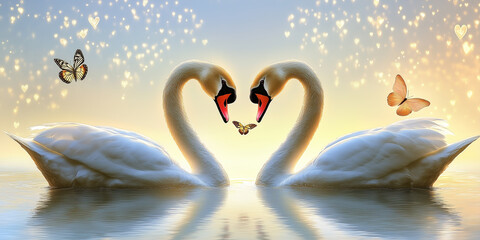 The image showcases two white swans gracefully curving their necks to create a heart shape against a soft, pastel sunset backdrop. The water reflects the swans and the sky, creating a mirrored