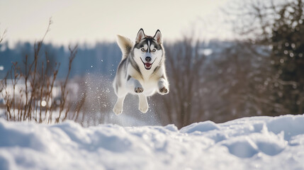 A medium shot features a Siberian Husky in mid-leap, its body oriented vertically against a blurred backdrop of a snow-covered landscape. The dog’s fur is predominantly white and grey, with black