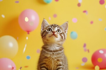 Cute kitten on yellow background with balloons and confetti for pet shop birthday banner