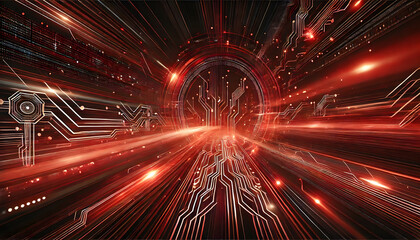 Fototapeta premium 赤い光と電子回路が交差するサイバーテクノロジー背景