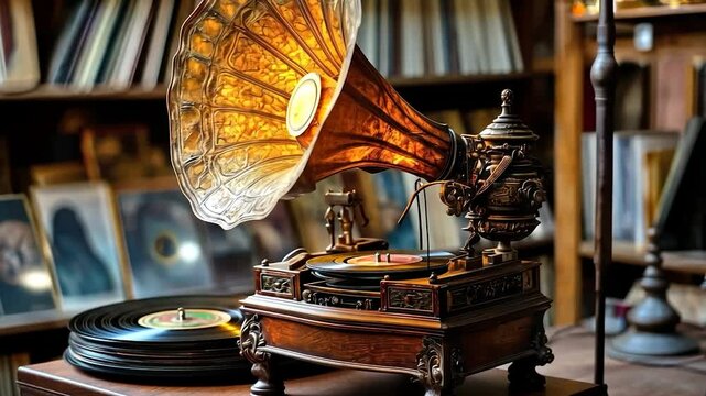 Ornate gramophone in antique music shop