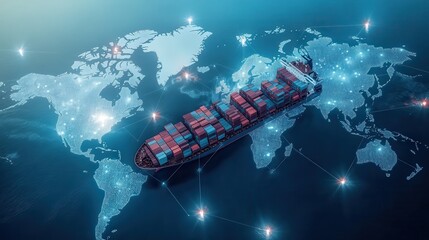 AI and global logistics concept with world map, supply chain network, and container ship for import-export.
