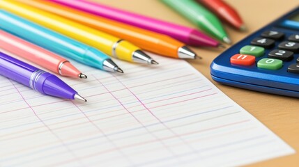 Handwriting on a financial planning worksheet with a calculator and colorful pens for strategy planning.