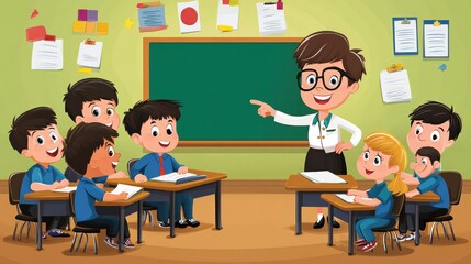 Engaging classroom scene depicting a cheerful teacher standing in front of a chalkboard, surrounded by enthusiastic students enjoying a lesson filled with learning moments
