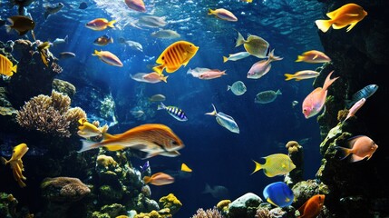 Naklejka premium Vibrant Underwater Scene with Colorful Fish and Coral Reef