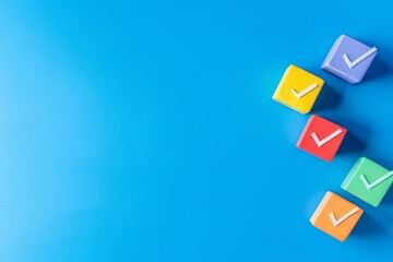 Colorful cube shaped checkmark on blue background  business plan concept with copy space