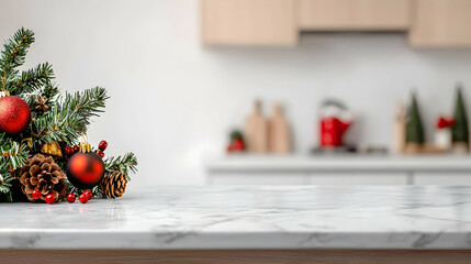 Christmas Decorations On Marble Kitchen Countertop