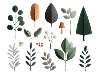 Minimalist Paper Art of Diverse Leaves and Plants on White Background