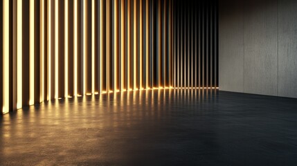Naklejka premium Modern interior with illuminated panels, dark floor, and concrete wall.