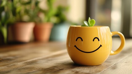 Charming yellow mug with a smiley face on a wooden table surrounded by a lush green plant