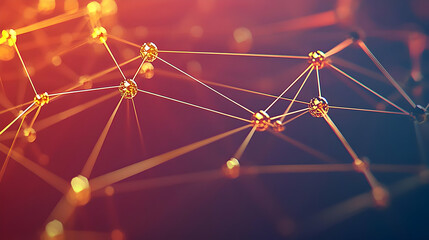 Abstract Network Of Golden Dots And Lines On Orange Red Background