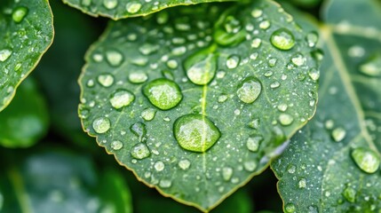 Close-up View of Fresh Green Leaves Covered in Water Drops after Rain, Highlighting Nature’s Beauty and Vibrant Texture, Perfect for Eco-Friendly Themes and Natural Designs