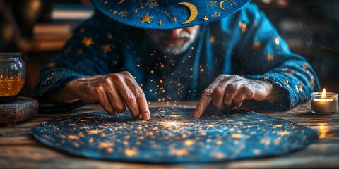 Obraz premium Shaman astrologer reading celestial map with magic sparks and potions
