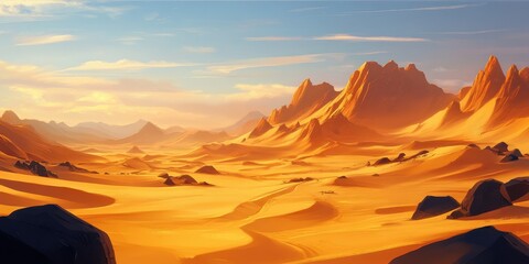 A serene desert landscape with rolling dunes and distant mountains under a vibrant sky.
