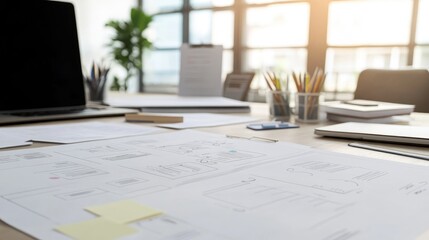 Modern workspace featuring project planning documents, flowcharts, and goal-setting frameworks.