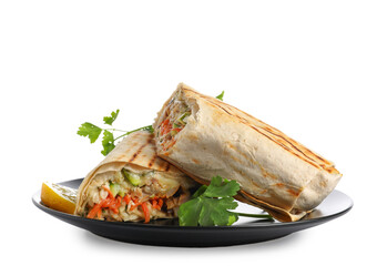 Plate with tasty shawarma and parsley on white background