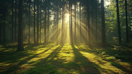 Obraz premium Sunrise rays through forest canopy, misty morning