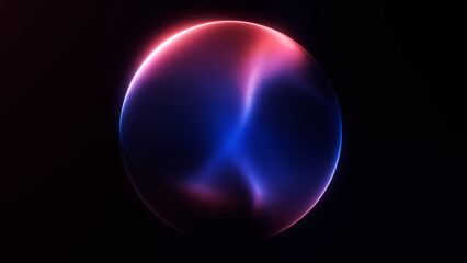 Colorful minimalistic soft blue red neon gradient sphere on dark futuristic background. Luxury fluid flowing shiny paticle energy orb. Magic liquid modern circle