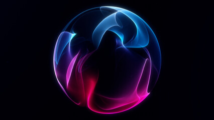 Pink and blue gradient energy wavy sphere with particle field. Shimmering glowing liquid particle orb on dark background. Minimalistic digital futuristic waveform ball screensaver.