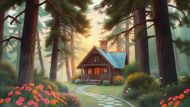 Sunrise Over a Wooden Farmhouse with Rolling Green Hills