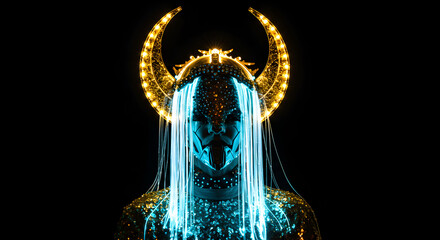 Abstract Glowing Mask with Horns Featuring Intricate Digital Light Patterns and Symmetrical Design
