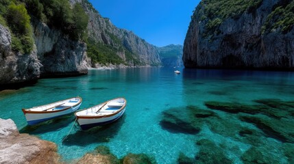 Tranquil bay with pristine turquoise water and two white rowboats nestled in a rocky cove
