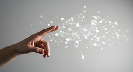 Close Up of Hand Touching Digital Network Over Gray Background Representing Technology and Communication