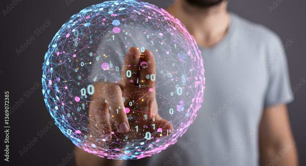 Poster conceptual digital sphere display with interconnected nodes and a man interacting with the holograph
