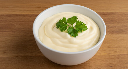 Creamy homemade mayonnaise, a swirl of deliciousness in a white bowl, garnished with a fresh parsley sprig on a warm wooden table.