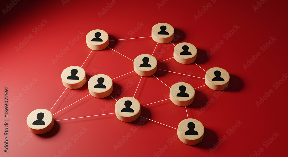 Poster connection between wooden circles in red background with network of dots and lines showing an abstra