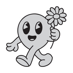 Cartoon character, teardrop-shaped mascot, smiling face, cute expression, holding a daisy flower, walking pose, simple black and white drawing, rounded limbs