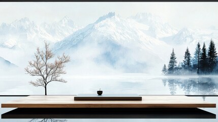 Serene digital detox lounge overlooking a breathtaking misty mountain landscape; a minimalist wooden platform showcases a single , symbolizing tranquility and a