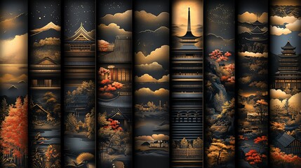 Golden Hues of Japanese Landscapes: A Panoramic Art Print