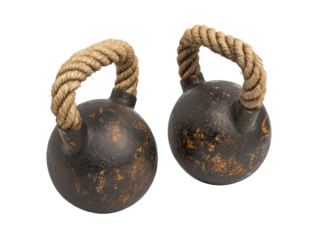 Durable kettlebells with rope handles for strength training workouts, cut out