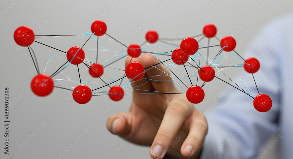 Poster digital network connection pointing at virtual interface with red spheres on white background
