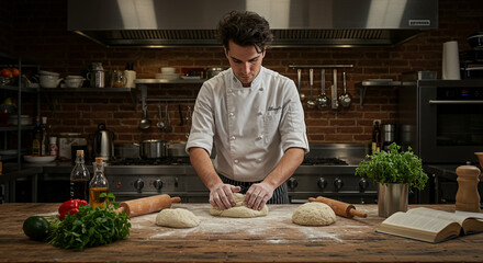 A focused chef meticulously crafts artisan bread dough in a rustic kitchen, warm light illuminating the process and fresh ingredients.