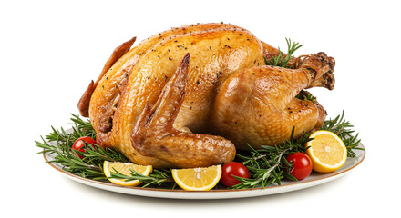 A perfectly roasted Thanksgiving turkey, glistening golden brown, nestled on a bed of fragrant rosemary and bright citrus, ready to grace a festive table.
