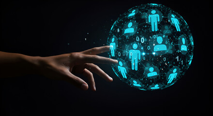 Hand Interacting with a Glowing Sphere of Connected People in Blue and White Tones on Black Background