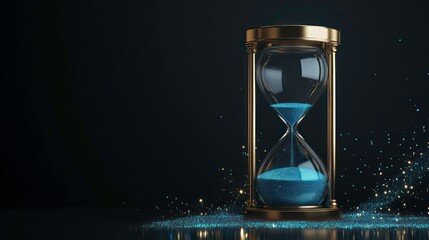 Sleek hourglass with blue sand glows against dark background. Elegant gold frame highlights timepiece. Blue sparkles create stunning backdrop. Perfect image for advertisements time-based concepts.