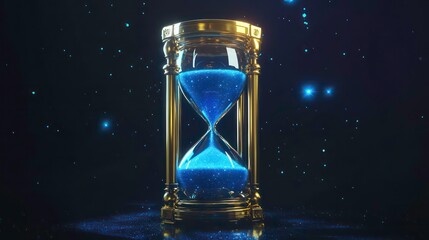 Sleek hourglass with blue sand glows against dark background. Elegant gold frame highlights timepiece. Blue sparkles create stunning backdrop. Perfect image for advertisements time-based concepts.